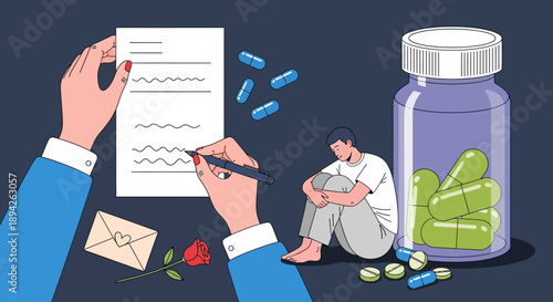 A person sitting alone, surrounded by medication, as a doctor's hand writes on a prescription pad, illustrating a moment of medical consultation and treatment