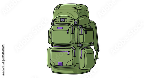 A detailed illustration of a green backpack with multiple pockets and compartments, viewed from the front