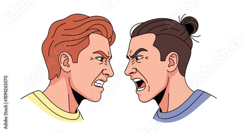 Two men facing each other with angry expressions in a confrontational illustration