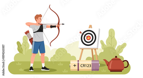 Man aiming bow and arrow at target on grassy field with trees in the background