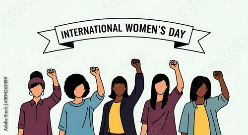 international women's day A vector graphic illustration of diverse women celebrating International Women's Day with raised fists and a banner