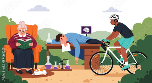 A cyclist rides past a person lying on a table while an elderly woman reads nearby in a serene outdoor setting