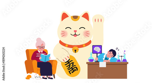Elderly woman relaxing at home with a Maneki-Neko figurine near a working professional at a desk