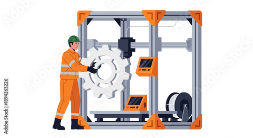 Technician operating 3D printer producing complex mechanical part in industrial setting from side viewpoint
