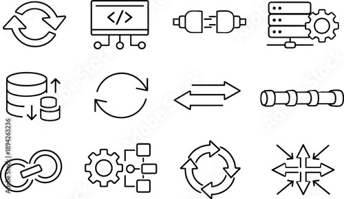 Line style vector icons of enterprise integration icons: integration, api, connector, middleware; data, sync,