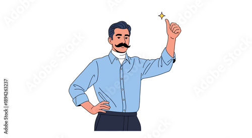 Man holding a small cross symbol in his hand, pointing upwards with a confident gesture