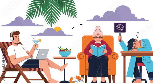 A serene scene of people relaxing outdoors with a laptop, reading, and painting on an overcast day.