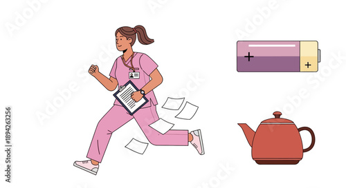 A medical professional runs with a clipboard, accompanied by a battery and teapot nearby in a dynamic illustration.