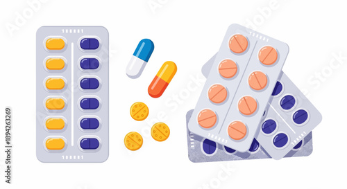 Various pills and capsules arranged in blister packs and loose on a clean surface, showcasing different shapes and colors from a top-down view