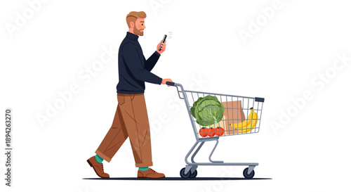Man walking with shopping cart full of groceries while using mobile phone on the sidewalk