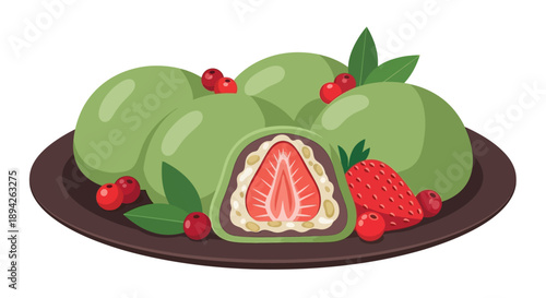 Graphic illustration of desserts on a plate with strawberries and leaves from a top-down viewpoint