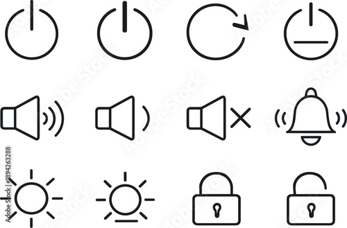 Line style vector icons of system control icons: power on, power off, restart, shutdown; volume up, volume down,