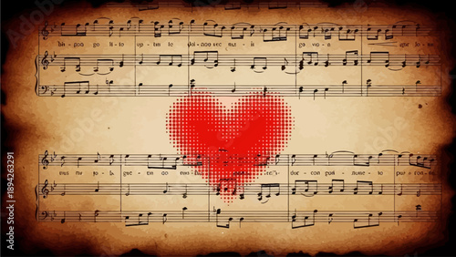 Vintage sheet music with a red heart symbol on aged paper, viewed closely