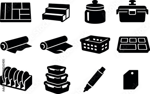 Solid vector icons of kitchen organization for meal prep: drawer divider, shelf organizer, storage jar, vacuum