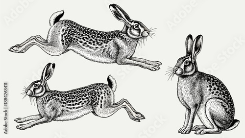 Three rabbits in various dynamic poses showcasing their agility and speed in a classic illustration style