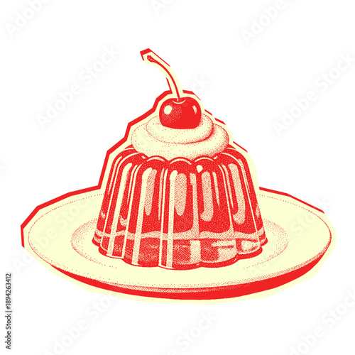 red jelly dessert with whipped cream and cherry on a plate in retro halftone effect, vintage photocopy collage style illustration
