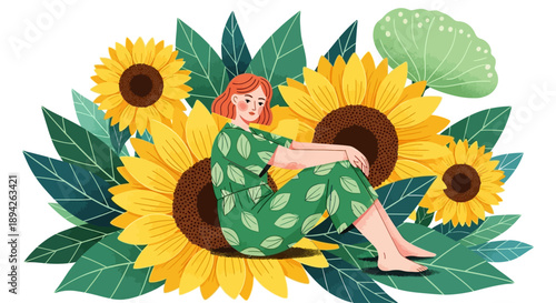 Woman Relaxing Among Sunflowers in a Serene Garden Scene Illustration