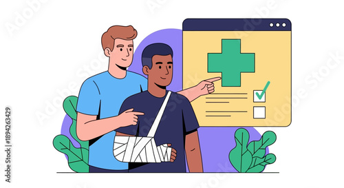 Doctor examining patient with injured arm in medical office setting with digital medical records on screen