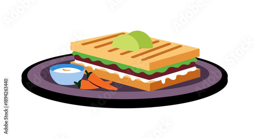 A delicious sandwich with lettuce and cheese on a plate with carrot sticks and dip viewed from above on a circular surface