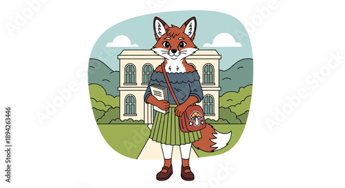 Cartoon fox character standing in front of a large building with mountains in the background