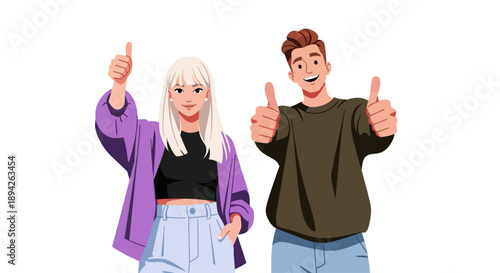 A young man and woman standing together, giving thumbs up in a friendly gesture, showcasing approval and positivity in a simple illustration