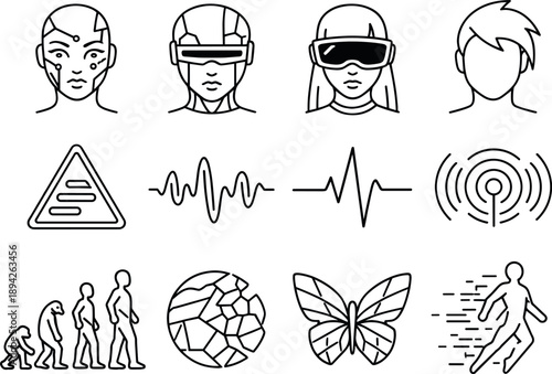 Line style icons of futuristic glam makeup: futureface, synth, virtual, avatar; neon, signal, wave, pulse;