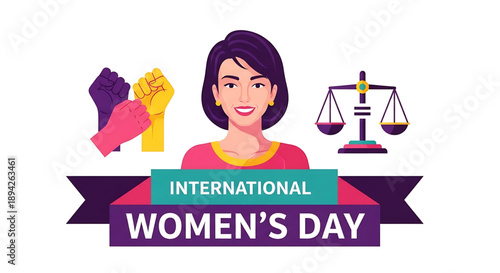 international women's day A vibrant illustration celebrating International Women's Day with a woman, fists, and justice symbols.