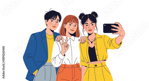 Three young adults taking a selfie together, smiling and posing in a friendly gesture, viewed from the front.