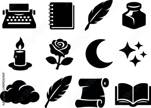 Solid vector icons of poetic imagery: typewriter, notebook, feather pen, ink pot, candle flame, rose bloom, moon