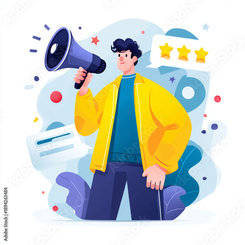 Man holding a megaphone loudly speaking.