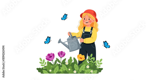 Woman watering vibrant flowers and lush greenery in a serene garden from a joyful perspective