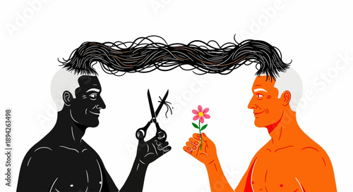 Man cutting another man's long flowing hair with scissors while being offered a flower in a symbolic gesture