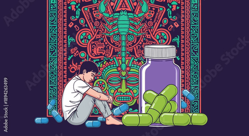 A person surrounded by pills and a bottle amidst intricate designs and patterns