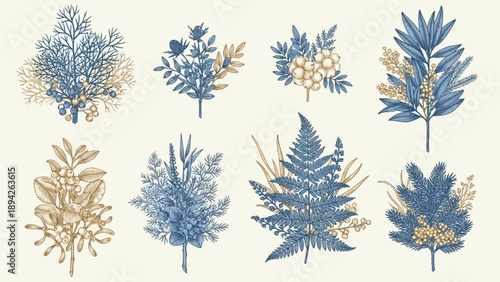 A collection of illustrated blue and gold plants and leaves arranged in a grid pattern