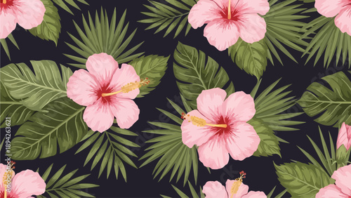 Tropical flowers and leaves pattern viewed from directly above in a repeating design