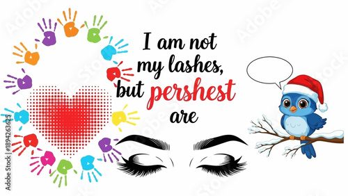 A bold statement surrounded by colorful hands and whimsical illustrations, featuring eyelashes, a heart, and an owl perched on a branch, symbolizing individuality and creativity