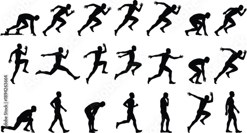 Running and sprinting motion sequence silhouette set showing athlete movement stages, speed training, dynamic sports action poses, fitness, endurance concept isolated on white background