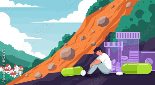 Man sitting amidst landslide with rocks and debris near industrial buildings