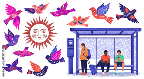 Vibrant illustration of people waiting at a bus stop surrounded by colorful birds and a radiant sun