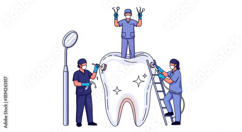Dentists examining a large tooth illustration from various viewpoints with dental tools