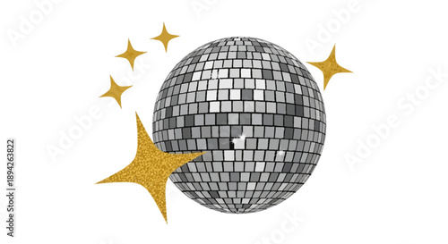 A sparkling disco ball shines brightly surrounded by golden stars in a dazzling dance floor scene