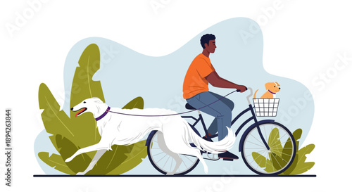 A man rides a bicycle with a dog running alongside in a serene outdoor setting