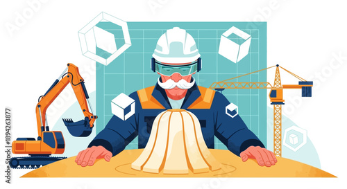 Engineer in hard hat and safety glasses working on construction site surrounded by machinery and 3D models