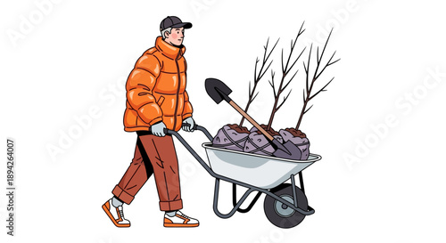 Man in orange jacket pushing a wheelbarrow filled with rocks and branches outdoors on a winter day