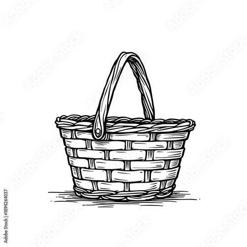 Hand-drawn wicker basket with handle on white background  