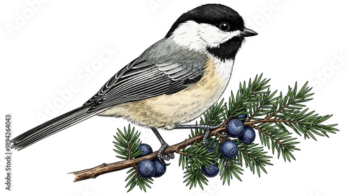A black-capped chickadee perched on a pine branch with berries in a serene forest scene from a side viewpoint