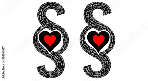Illustration of two paragraph symbols with hearts inside, symbolizing love and law