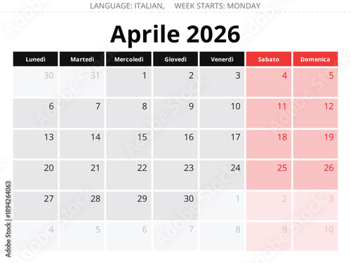 2026 April Italian calendar – calendario Aprile. Vector illustration Italy