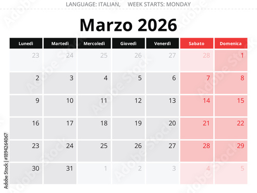 2026 March Italian calendar – calendario Marzo. Vector illustration Italy