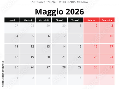 2026 May Italian calendar – calendario Maggio. Vector illustration Italy